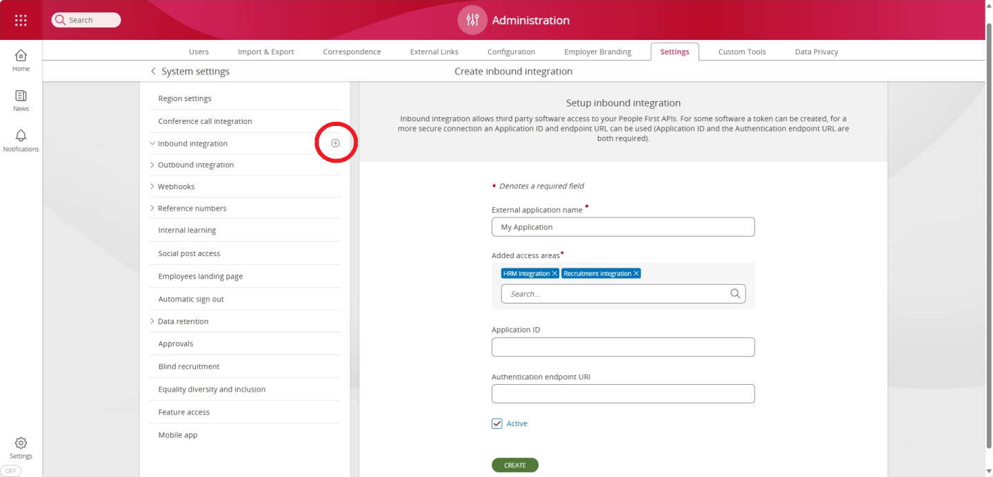 Screenshot demonstrating how to create an integration with People First API