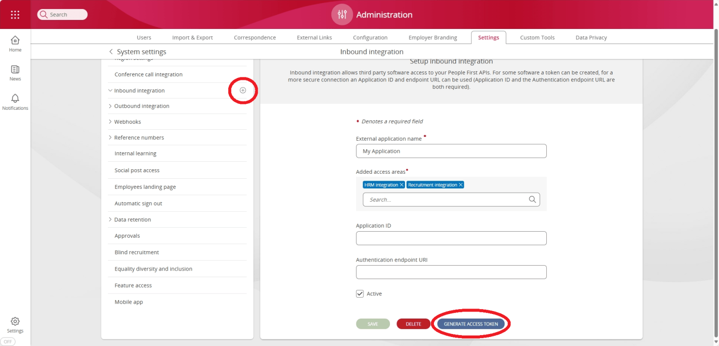 Screenshot to demonstrate how to generate an access token within People First System settings
