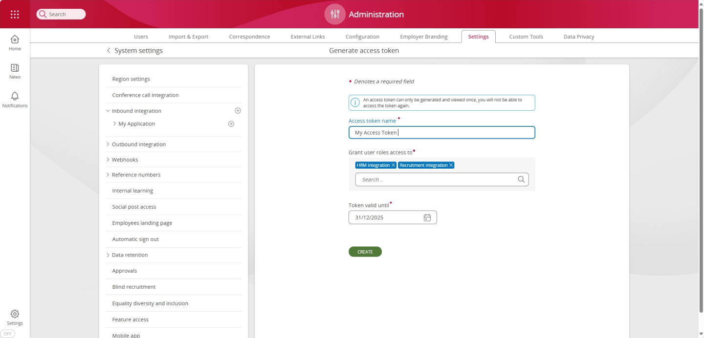 Screenshot to demonstrate generating an access token within People First System Settings area