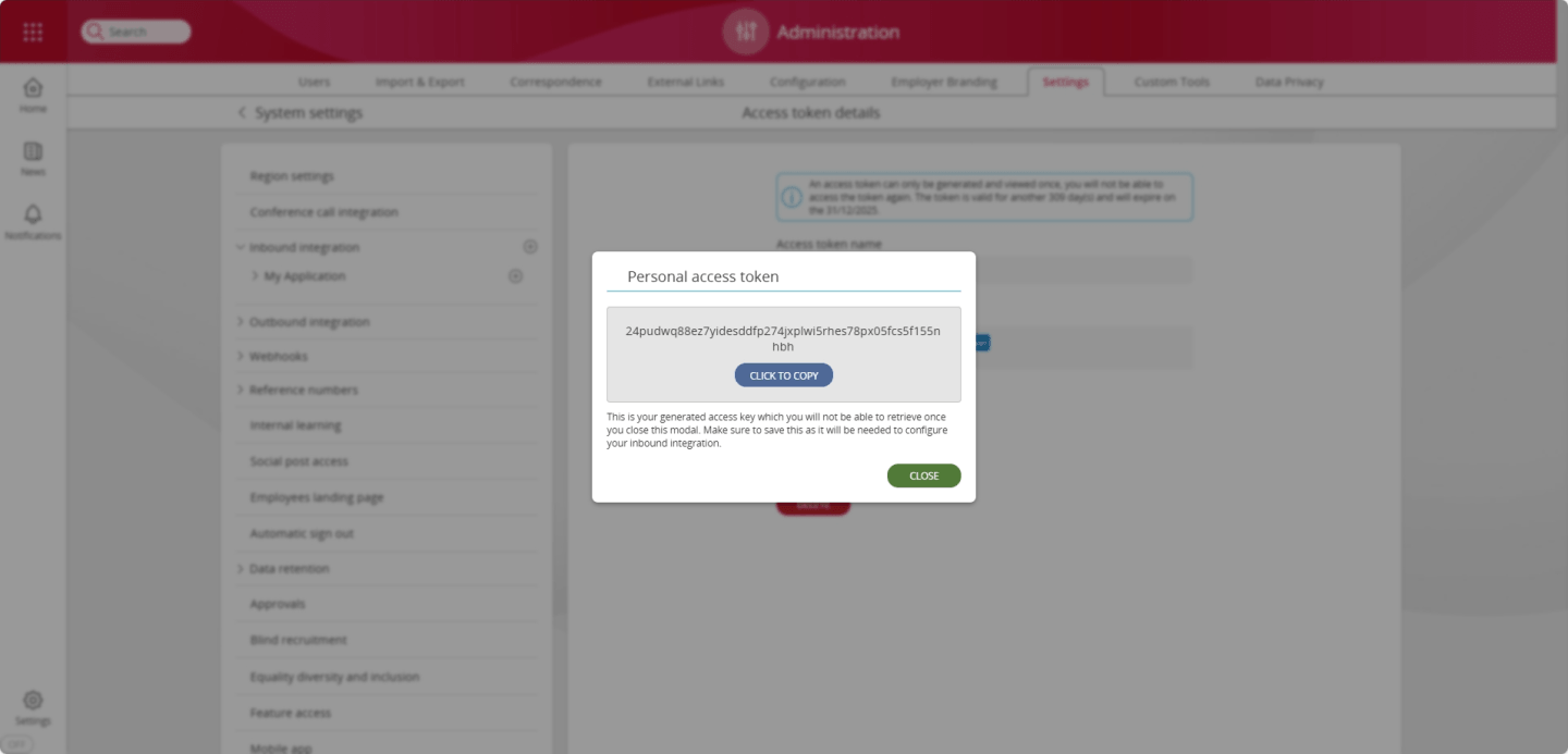 Screenshot to demonstrate generated access token within People First System Settings