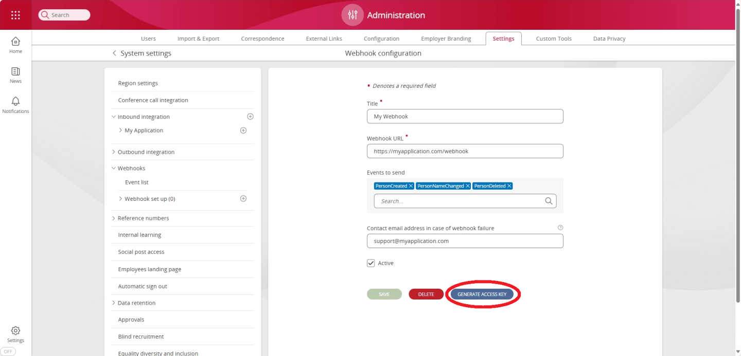 Screenshot demonstrating generating access key for webhook