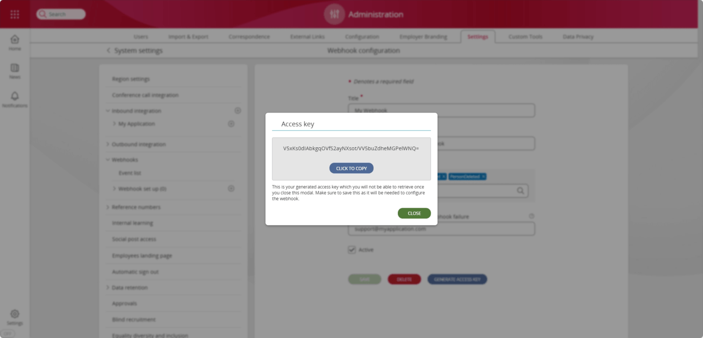Screenshot to demonstrate dialog displaying the generated access key for your webhook
