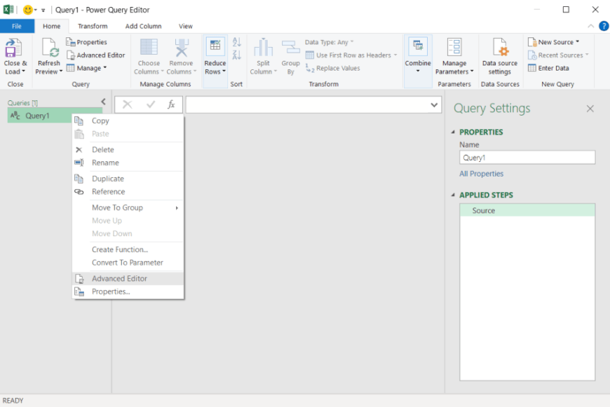 Screenshot demonstrating Advanced Editor of blank query