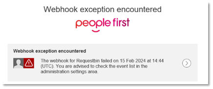 Screenshot to demonstrate webhook exception encountered