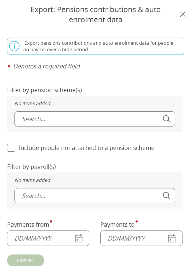 Screenshot to demonstrate Pensions contributions and auto enrolment data export