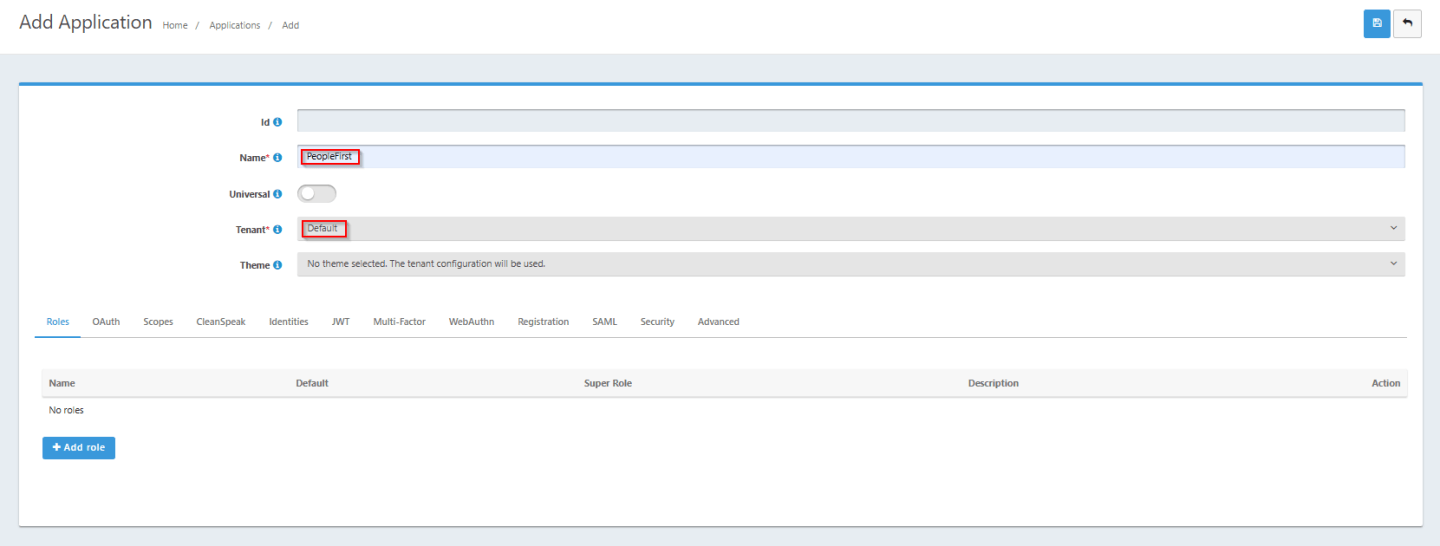 Screenshot of creating an application within FusionAuth tenant