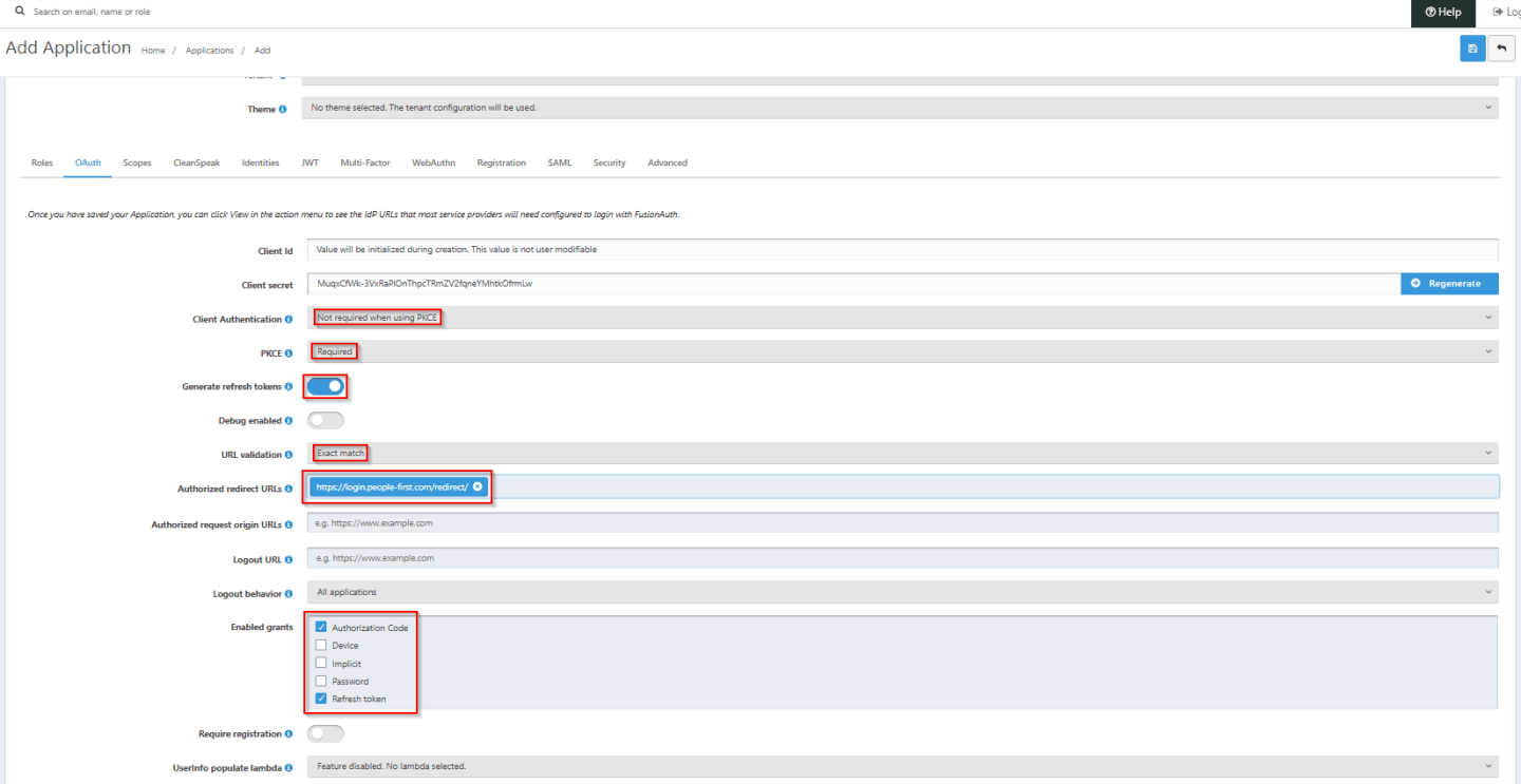 Screenshot to demonstrate creating a People First Application within FusionAuth Tenant
