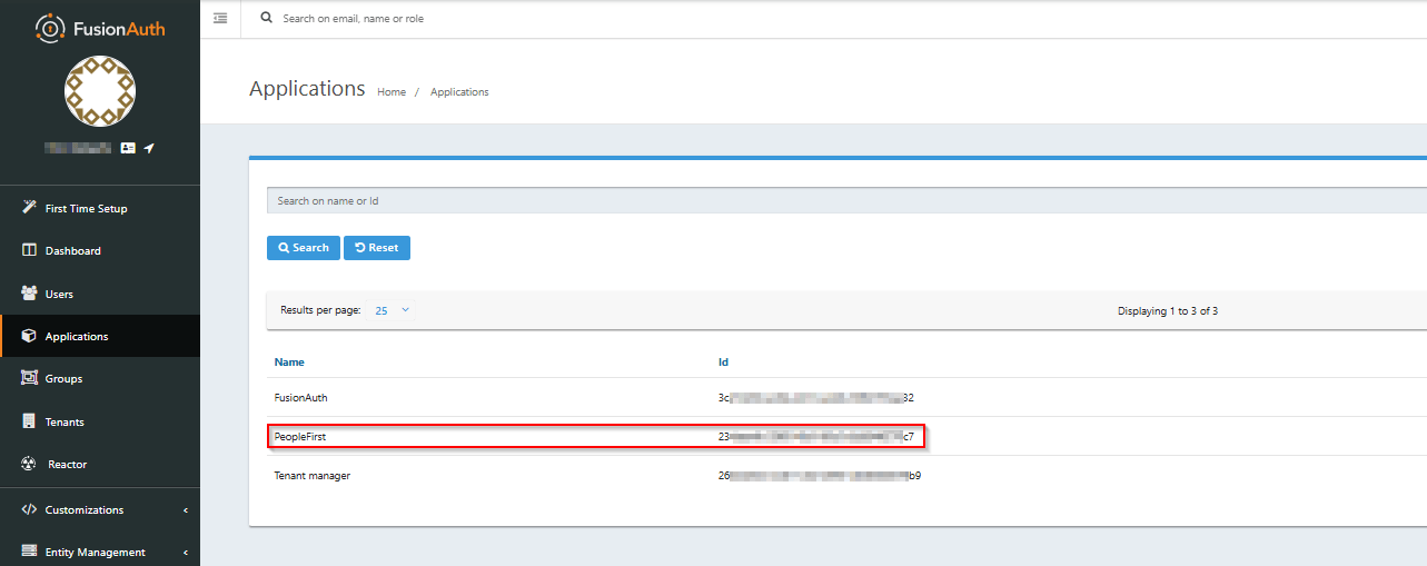 Screenshot to demonstrate where to find ID assigned to People First Application within FusionAuth tenant.