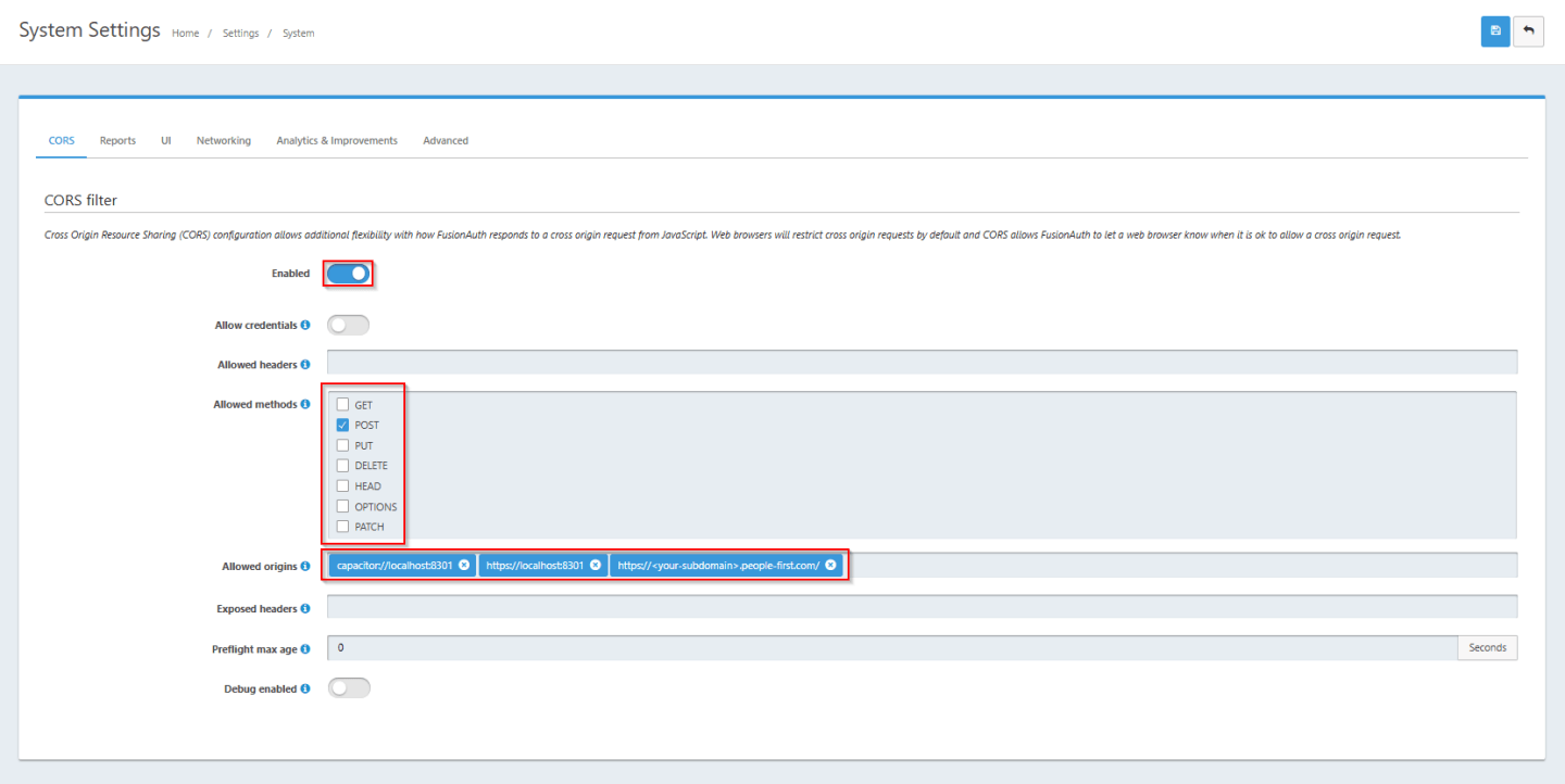 Screenshot to demonstrate modifying CORS settings for FusionAuth Instance