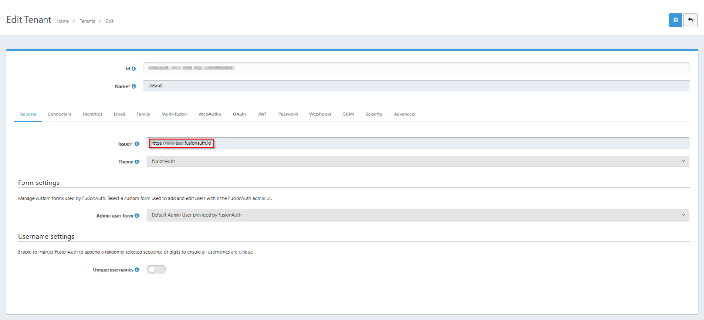 Screenshot of Tenant Issue field within FusionAuth
