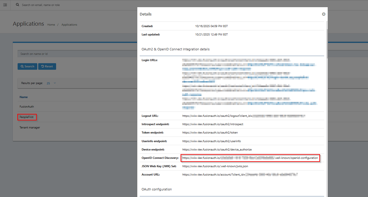 Screenshot to demonstrate OpenID Connect Discovery for the People First Application within FusionAuth tenant