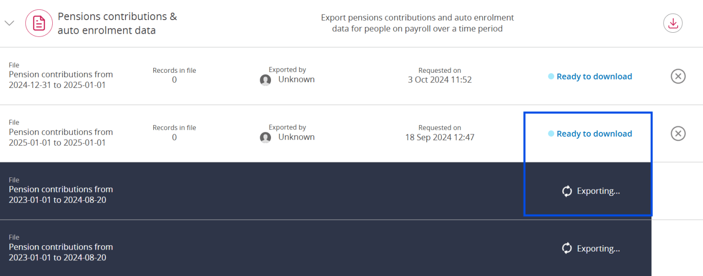 Screenshot to demonstrate status of pensions contributions and auto-enrolment data export