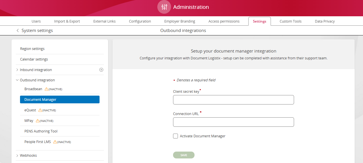 Outbound integration with DLX set up screen