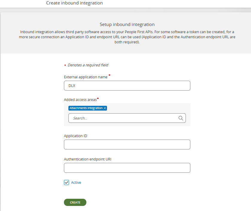 Screen to set up DLX PAT - integration access token