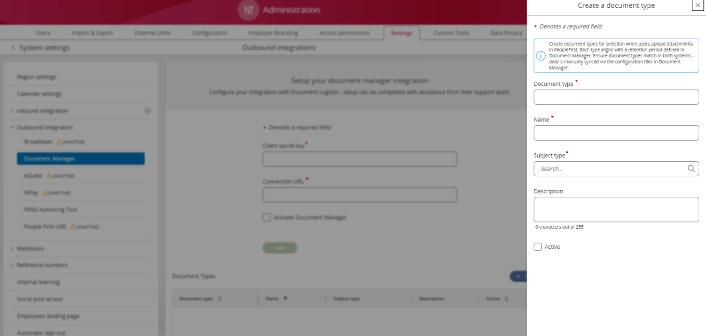 Screen to set up DLX document types