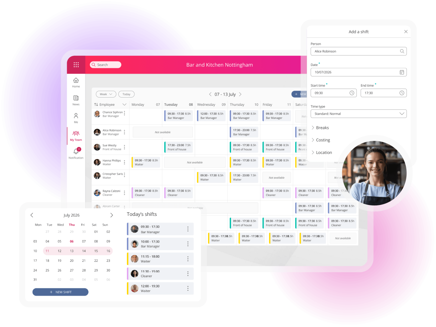 Workforce management software displaying employee schedules, shift planning and shift assignment tools for managers