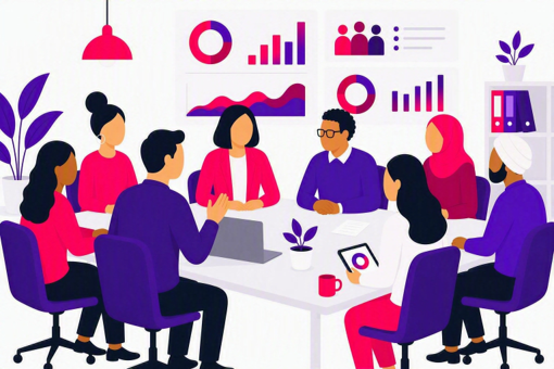 animation showing people at work sat around a table