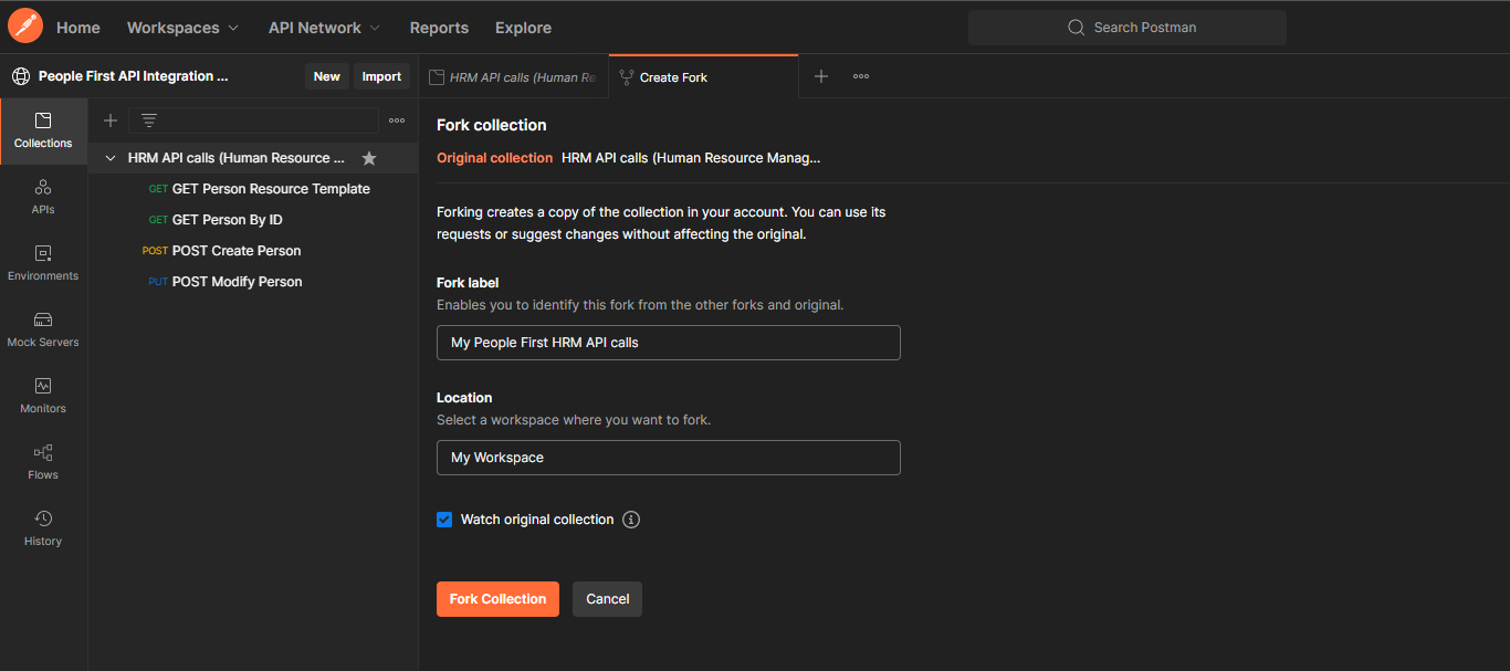 Screenshot to demonstrate fork collection in API Client