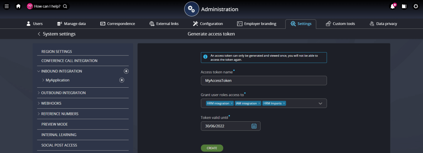 Screenshot to demonstrate how to generate access token in People First Administration