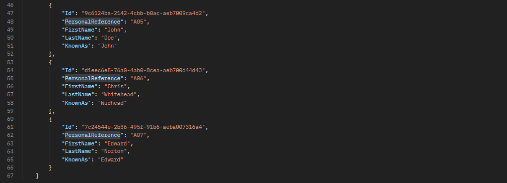 Screenshot demonstrating Get All People JSON response in API client