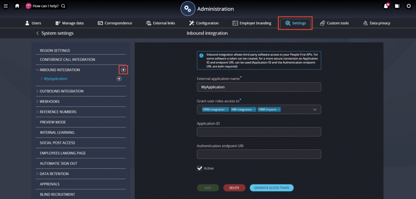 Screenshot demonstrating Inbound Integration screen in People First Administration