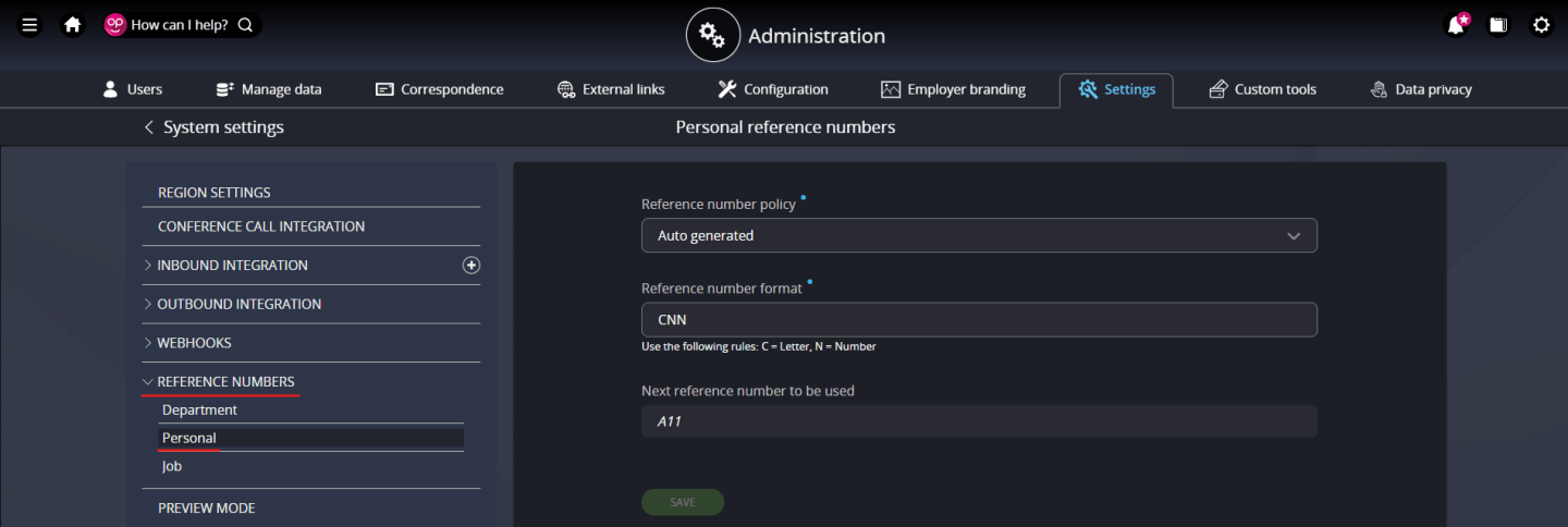 Screenshot to demonstrate reference numbers in People first Administration