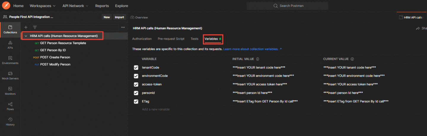 Screenshot to demonstrate HRM API calls variables in API client