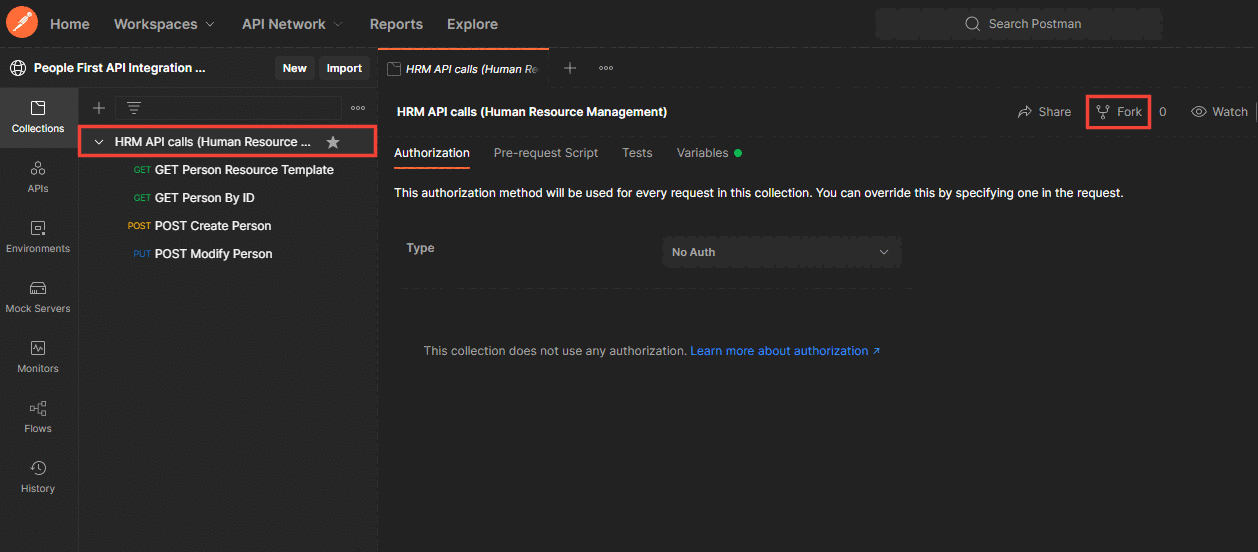 Screenshot to demonstrate Human Resource Management Collection in API client