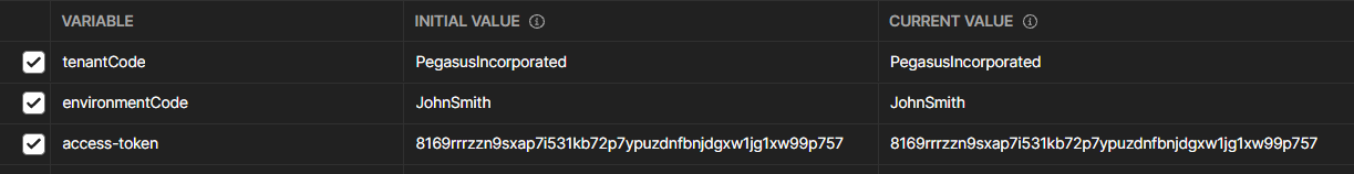 Screenshot to demonstrate variable values within API client