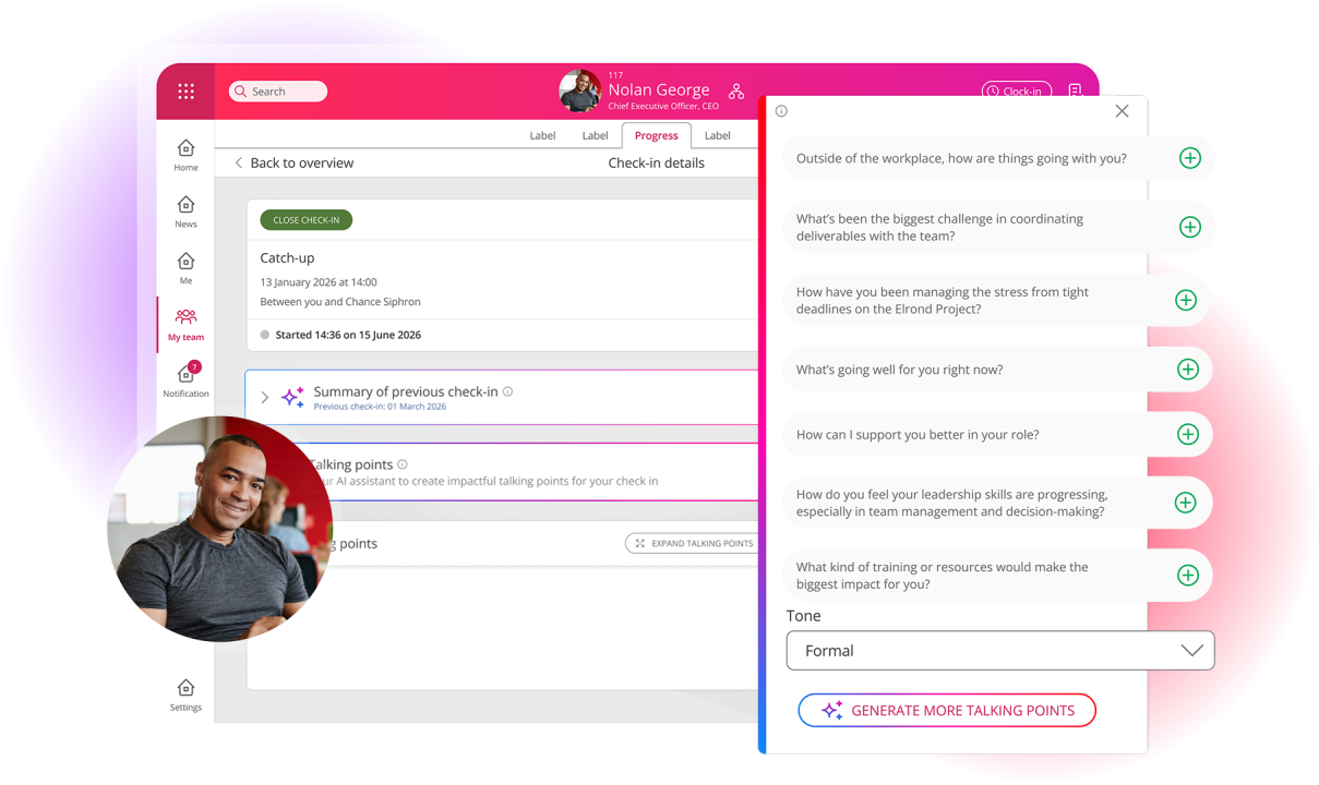 Screenshot to demonstrate AI capabilities in People First check-ins