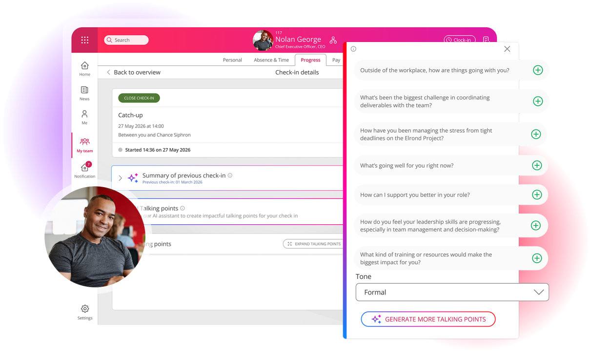 Screenshot demonstrating AI check-in functionality within People First platform