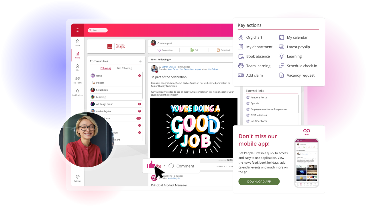 People First dashboard showcasing a news feed and workplace tools