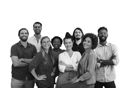 7 people standing together smiling.