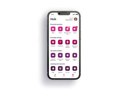 Mobile phone showing People First Finance hub with financial essentials and everyday savings.