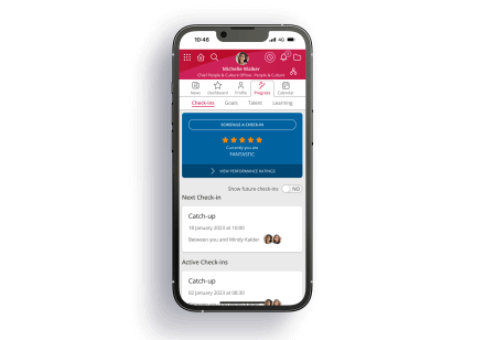 A mobile with People First's cloud-based human resource system displaying, showing the employee checking feature, improving retention and employee experience.