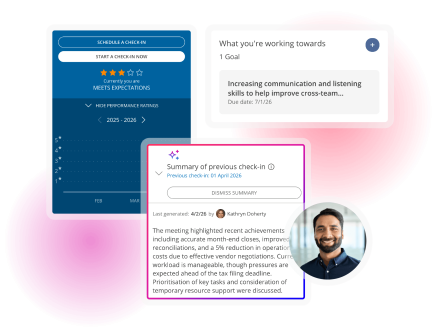 Team performance insights dashboard displaying check-in completion rates, sentiment trends, and AI-generated manager summaries