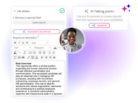 AI-powered recruitment software generating job descriptions and tailored interview questions to support faster hiring decisions
